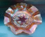 Golden Grape Ruffled Bowl in Marigold Carnival Glass - Old Dugan