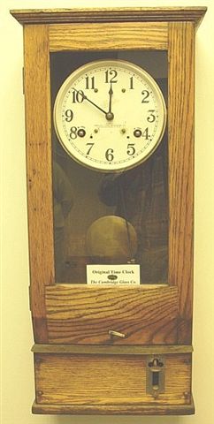 Original Time Clock at Cambridge Factory hangs in display in the Museum-4-15-04