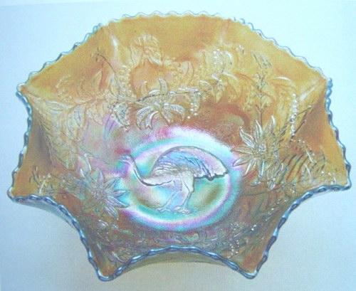 EMU is hard to find in aqua glass. Design is found in a 9 in., & 5 in. bowls, as well as a large comport the size of a Millersburg Peacock & Urn compote