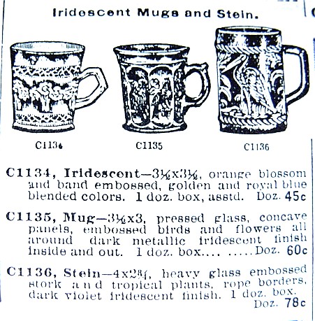 Aug. 1913 Ad clearly displays a Fenton ORANGE TREE, a Northwood SINGING BIRDS and a Dugan HERON Mug within the same ad