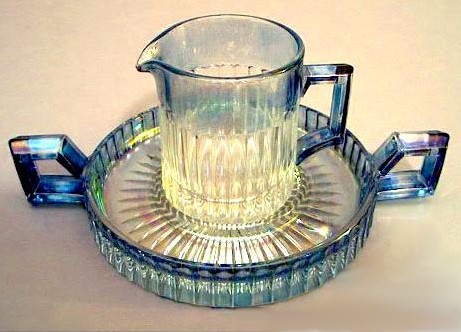 1916 HEISEY Breakfast Set-Smokey blue flash iridescence. - 5 and one-quarter in. diam.inside tray or 8 in. across handles