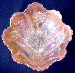Customary shape for a marigold BUTTERFLY & TULIP footed bowl.