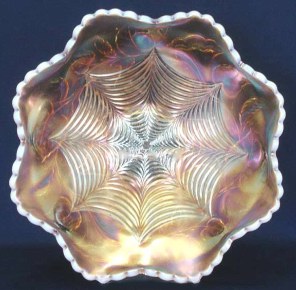 HEAVY WEB Low Ruffled Bowl.MORNING GLORY Exterior pattern.Peach Opal.