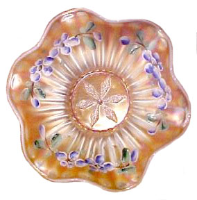 1910 catalogs illustrate decorated bowls in various pattern. This peach opal STIPPLED FLOWER 7.75 in. bowl is enhanced in that way