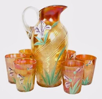 Enameled IRIS or BANDED DRAPE Water Set. This set sold for $400 at the mid April 2005 Seeck Auction for HOACGA.