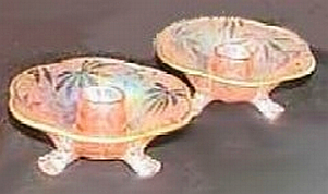 Pink BROCADED PALMS Candlesticks-- 1 and one-half in. tall x 4 and one-half in. wide, 3 ftd. type.