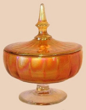Fenton #735 Puff Box-Candy Box with clear base. Color is Grecian Gold.6.5 in. tall x 5 in. diam.