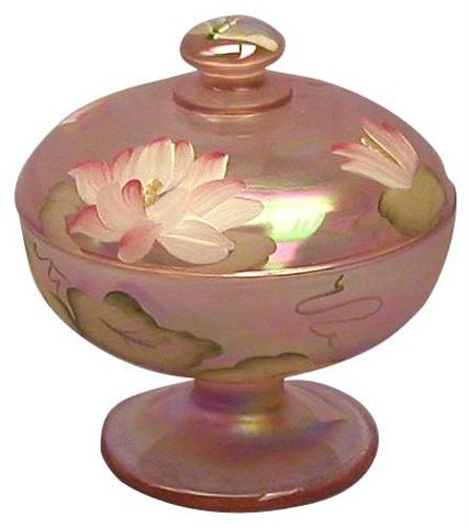 6 in.Sunset Covered Candy Box as advertised in the Dec. 2004 Fenton catalog of products.