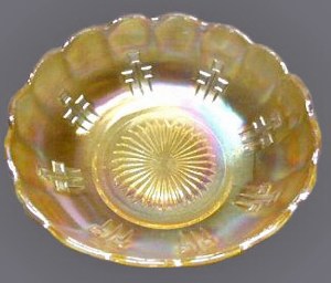 These PIN UPS Bowls in any of the three sizes known, are difficult to obtain.We're happy to add this 7.5 in. marigold example for viewing pleasure.