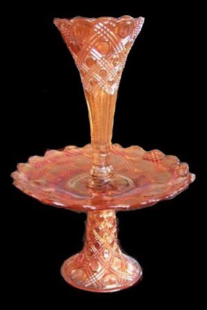 TARTAN Epergne-15 in. high. Plate-10 in. diam., Top section 4.5 in. high,base 5 in. diam. Courtesy Lynne & Ray Nagy.