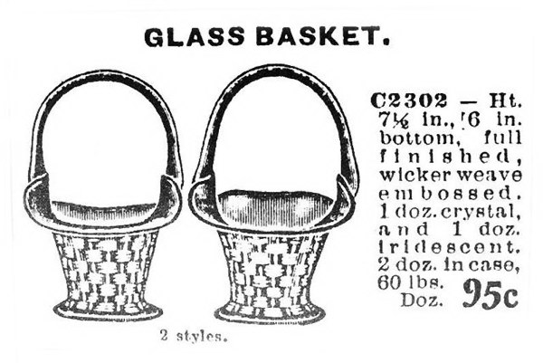 Spring 1915 Butler Brothers ad offering both marigold carnival and crystal. Big Basketweave large handled baskets.