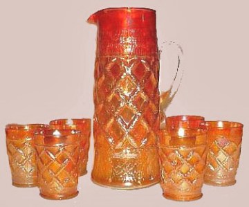 GRAPEVINE LATTICE Set in Marigold-Tankard is 11.25 in. tall and the Tumblers are 4 in. tall..