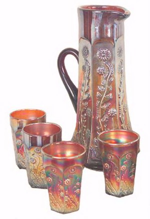 PANELED DANDELION in Ameth. 12.5 in. tankard-4.25 in. tumblers.