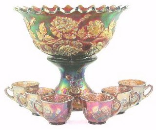 WREATH of ROSES Punch Set in Amethyst.12 in. Bowl X 5.75 in. deep. Base - 5.25 in. tall x 6.5 In. wide. circa 1910.