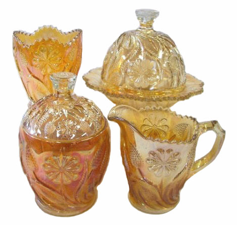 FIELD THISTLE Table Set-Honey Amber-Scarce set sold for $130., Wroda Auction-9-21-07.