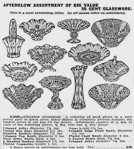 Baltimore Bargain House Wholesale marketing ads of 1929 and 1930 offered an array of patterns in both pink and green AFTERGLOW