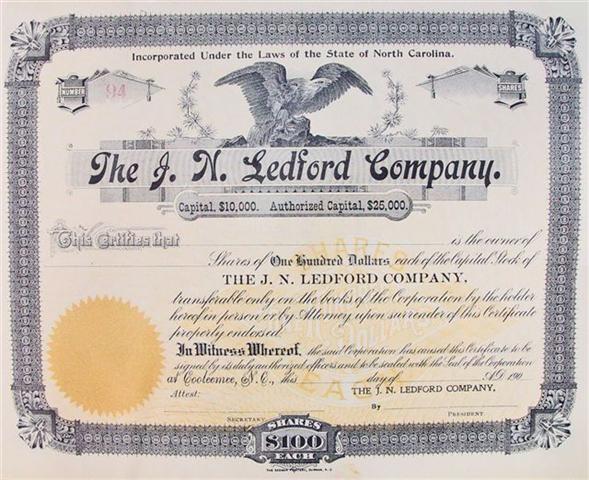 The J.N. LEDFORD CO Stock Certificate. $7