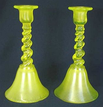 U.S. Glass #315 -SPIRAL BELL Candlesticks in Vaseline