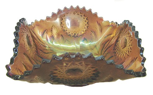 10 in. HOBSTAR & FEATHER Sq. Bowl- Only one known!-Ameth. $950