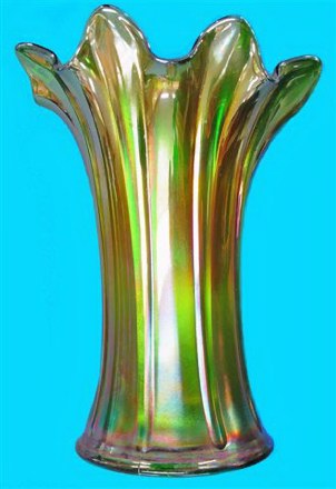 Green N. 9 and one quarter in. Mid-Size THIN RIB Funeral Vase with 7 and one-quarter in. opening. sold for $675 at the Jan.'07 Reichel sale.