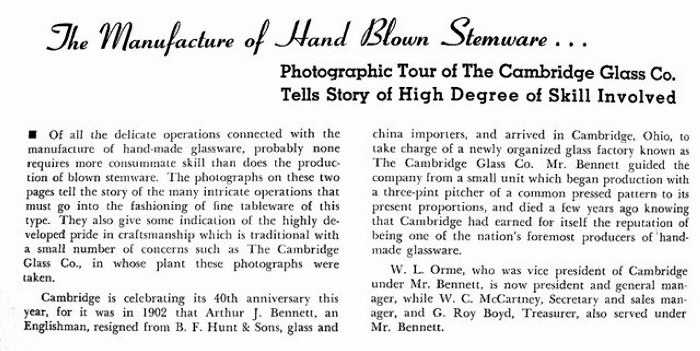 History of Cambridge Glass from POTTERY and GLASS SALESMAN - March 1942.