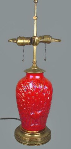Red PEACOCK Lamp.-$775. 1-09, Remmen Auction.