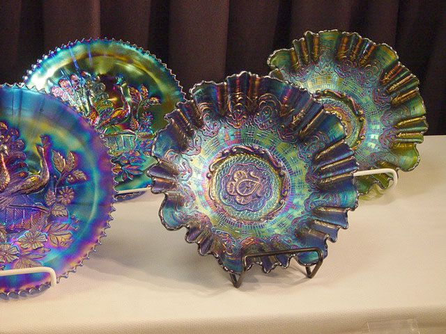 PEACOCKS comparison of iridescence. 10 in. blue and green PERSIAN MEDALLION bowls