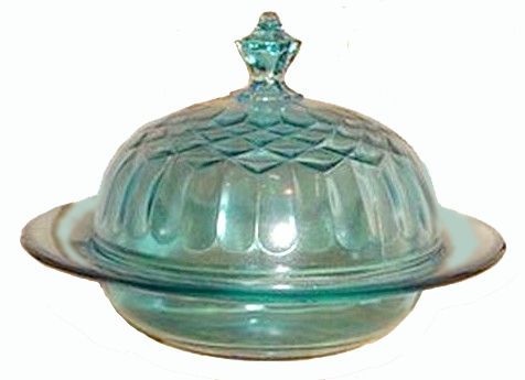 Aunt Polly Depression Glass Butter Dish, or DIAMONDS pattern if we rely on the Sears Roebuck ad.