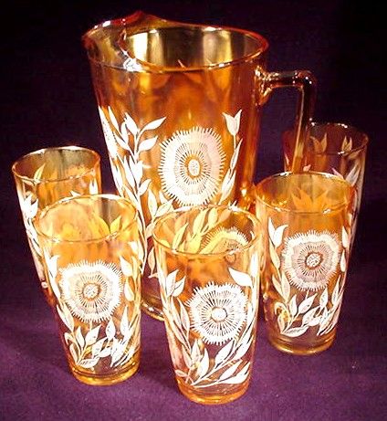 LATE SUNFLOWER water set. Pitcher is 9.75 in. tall - tumblers are four and five-eighths in. tall..j