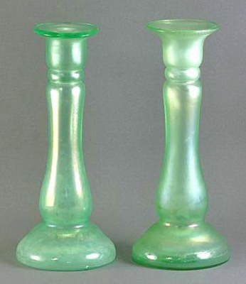 Diamond's Hollow-Mold-Blown Candlesticks or vases-7.25 in. tall.-Ice Green