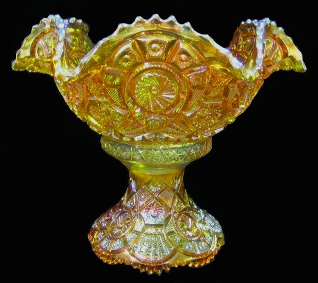 BROKEN ARCHES Fruit Bowl and base -10.75 in.tall x 13 in. diam. bowl-appears to be vaseline base glass.