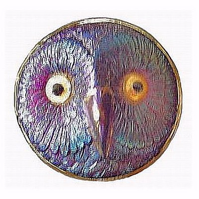 HORNED OWL BUTTON- one and seven-eighths in. wide. The circle of feathers around eyes not found on OWL hatpins.