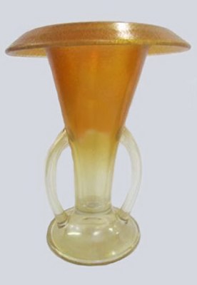 TWO-HANDLED bridges gap between C.G. and Stretch Glass. $45. Wroda Auction 8-11