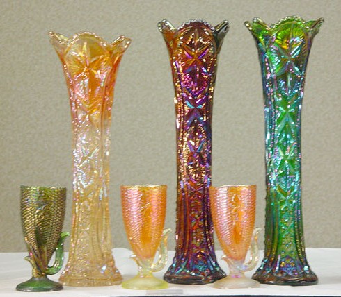 OHIO STAR Swung Vases in all 3 known colors-3 BUTTERFLY CORN Vases.-Courtesy Aaron Hurst.