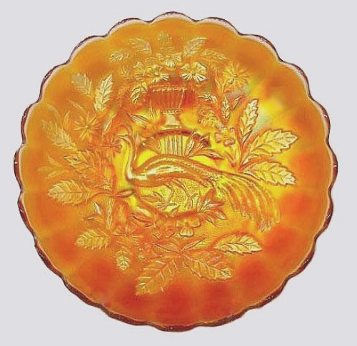 PEACOCK and URN 10 in. IC shape bowl - resprayed with new marigold.-$625-Wroda sale-11-06