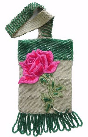 Hand crocheted purse with rose applique-5.5 in. long x 4 in. wide with 6 in. wrist strap