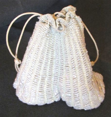 White crocheted & beaded bag. 7.5 in. wide x 5.5 in. long