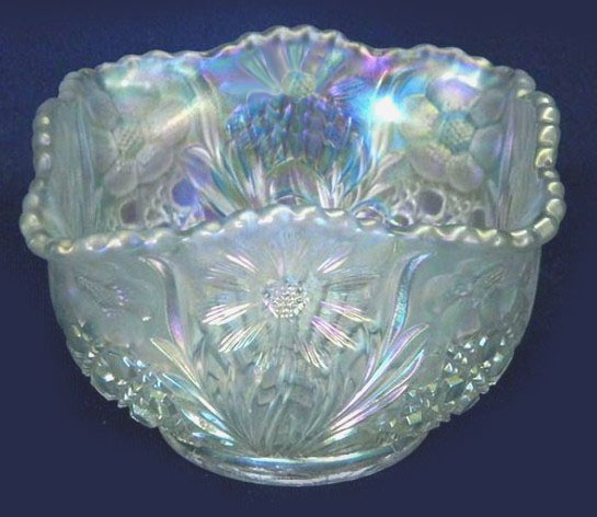 4.75 in. sq. white U.S. Glass-COSMOS & CANE bowl.$130. 11-12 Seeck Auction.