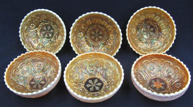(6) 5 in. Peach Opal GARDEN PATH  Berry Bowls with SODA GOLD Exterior. Burns Auction