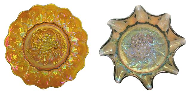 11.25 in. Amber Imperial HEAVY GRAPE Chop Plate-$225. 11-12 Seeck Auction. 9.25 in. Bowl-Smoke=Courtesy Burns Auction.