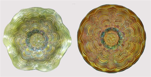 ROSALIND 10 in. bowl in green.9 in. Ameth.ROSALIND Plate.Courtesy Seeck Auctions.