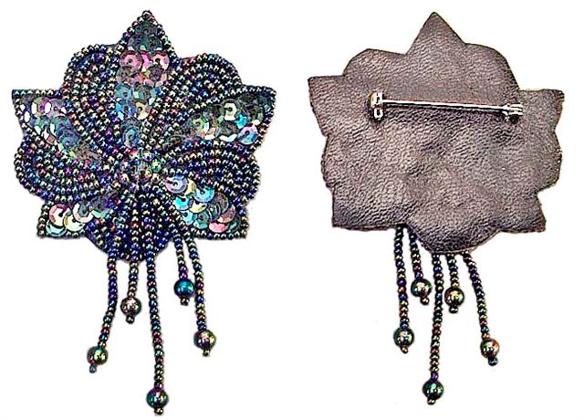 BEADED BROOCH-Iridized Sequins and Glass Beads - 2 5. in wide x 2 and three-eighths in. high