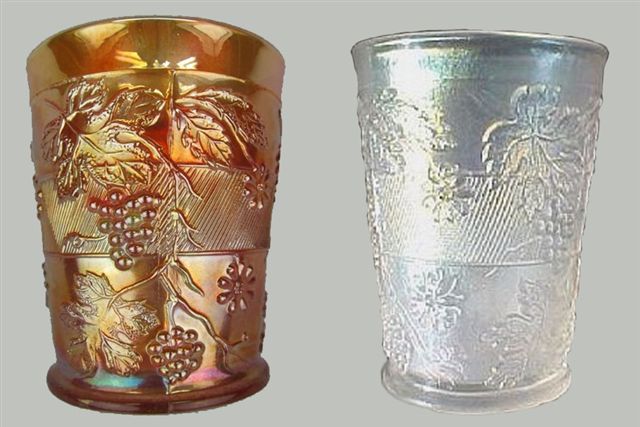 Fenton FLORAL & GRAPE-Mgld. & White-4 in. tall. (bands on right-leaning lines.