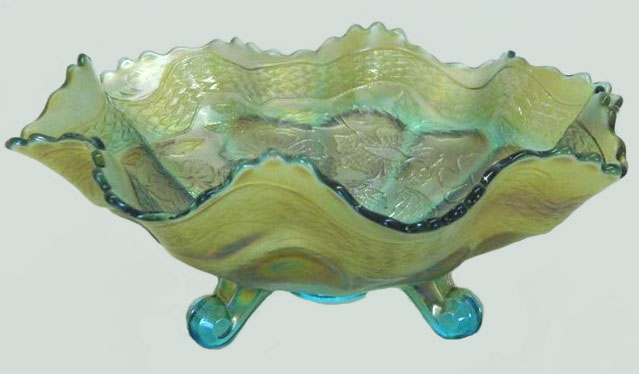 TWO FLOWERS-Aqua, 10 in.-11 in. ball footed bowl.