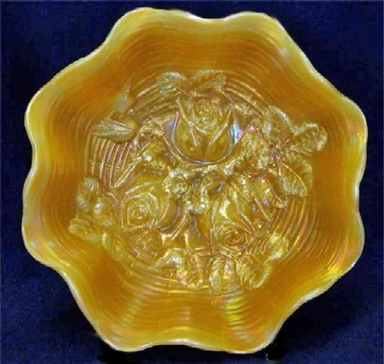 9 in. ROSE SHOW Bowl - Mgld. on Custard-Only one known. Courtesy Seeck Auctions.