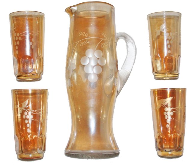 ENGRAVED GRAPE Tankard--ETCHED GRAPE Tumblers.Courtesy J& C Curtis