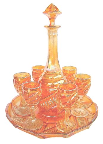 ZIPPER STITCH Cordial Set-Decanter is 10 in. tall, Wines are 3 75 in. tall, Undertray is 8.75 in diameter. Crystalerias Piccardo of Argentina