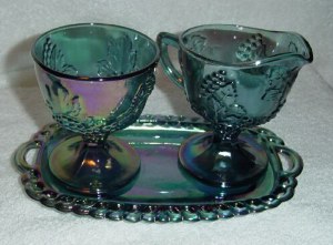 Blue Carnival sugar, creamer, tray set