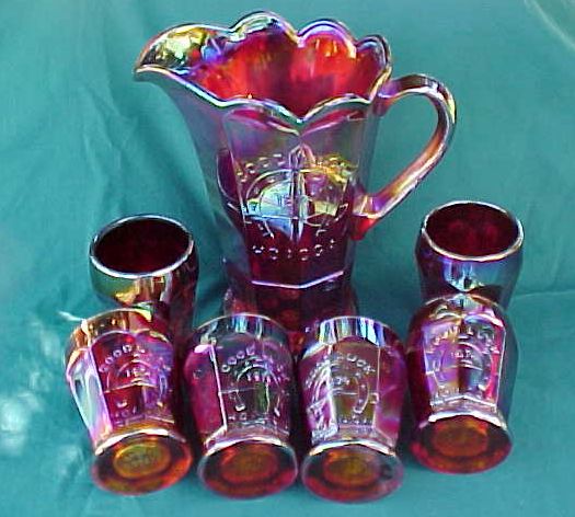 Indiana Glass Red Carnival Good Luck Pitcher and Tumblers