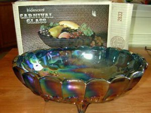 Oval Center bowl in blue carnival glass